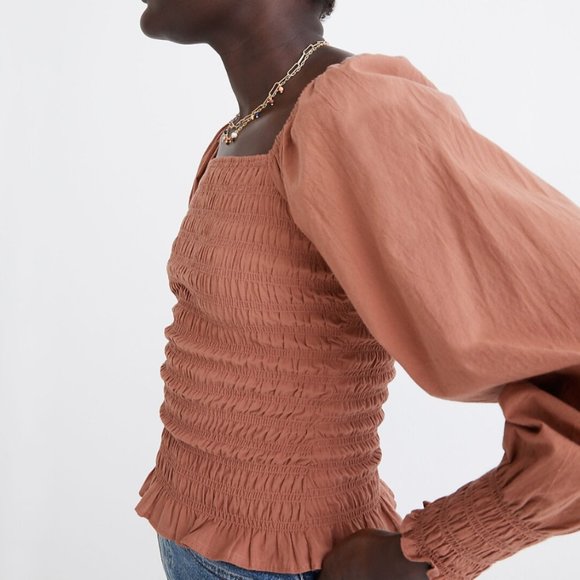 Madewell Lucie Bubble-Sleeve Smocked Top in Warm Umber Rust - Picture 5 of 7